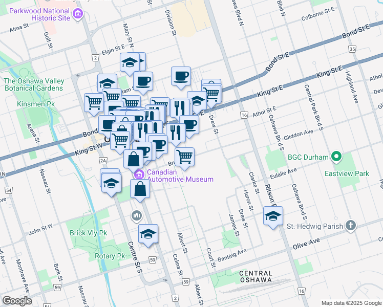 map of restaurants, bars, coffee shops, grocery stores, and more near in Oshawa