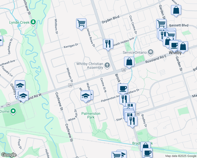 map of restaurants, bars, coffee shops, grocery stores, and more near 1031 Wardman Crescent in Whitby