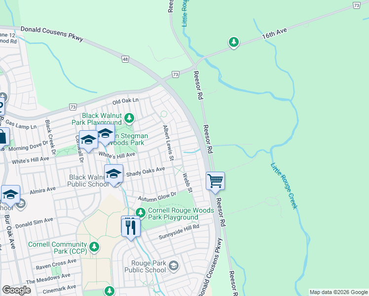 map of restaurants, bars, coffee shops, grocery stores, and more near 12 Rossmore Drive in Markham