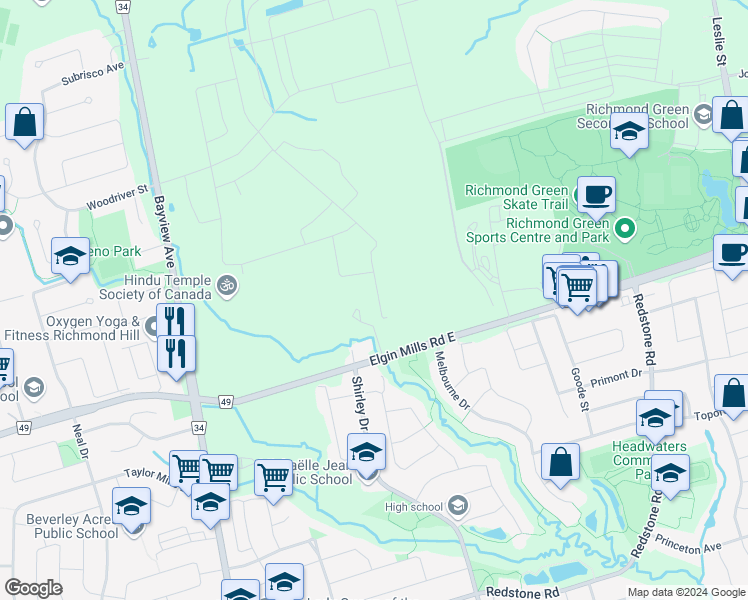 map of restaurants, bars, coffee shops, grocery stores, and more near in Richmond Hill