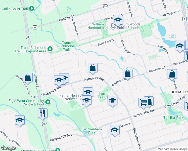 map of restaurants, bars, coffee shops, grocery stores, and more near 171 Shaftsbury Avenue in Richmond Hill