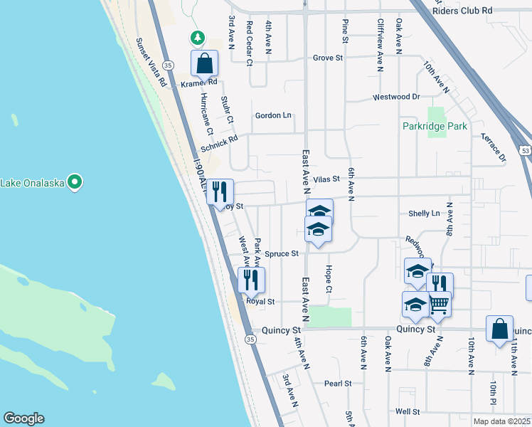 map of restaurants, bars, coffee shops, grocery stores, and more near 930 Park Avenue in Onalaska
