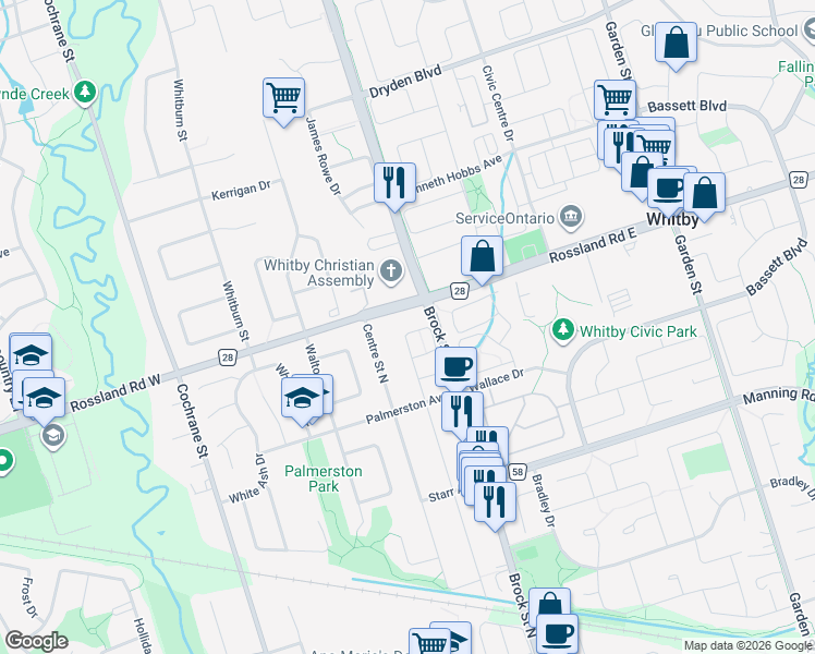map of restaurants, bars, coffee shops, grocery stores, and more near 4 Rimrock Crescent in Whitby