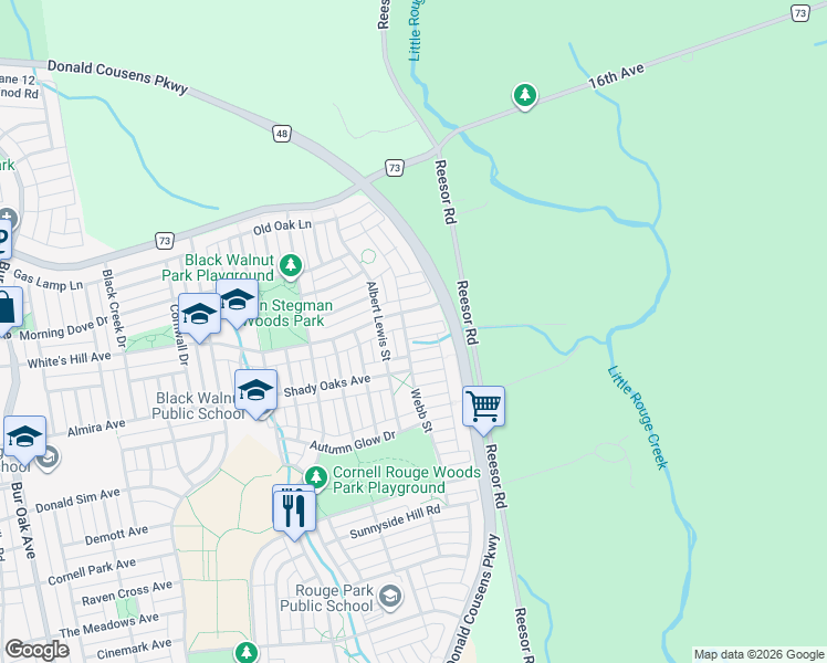 map of restaurants, bars, coffee shops, grocery stores, and more near 12 Rossmore Drive in Markham
