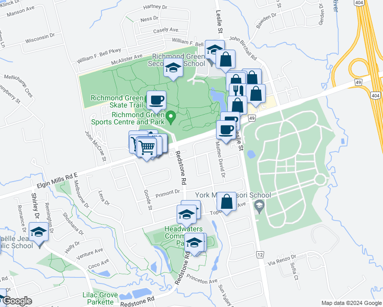 map of restaurants, bars, coffee shops, grocery stores, and more near 24 Alvarado Avenue in Richmond Hill