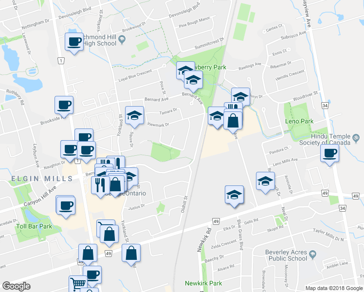 map of restaurants, bars, coffee shops, grocery stores, and more near 36 Coldstream Crescent in Richmond Hill