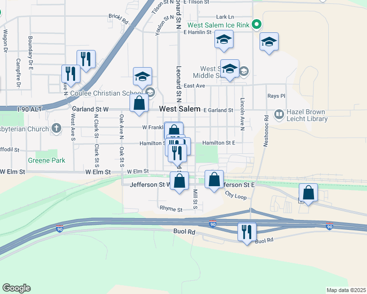 map of restaurants, bars, coffee shops, grocery stores, and more near 103 Leonard Street North in West Salem