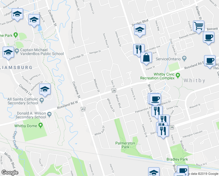 map of restaurants, bars, coffee shops, grocery stores, and more near 3 Bancroft Crescent in Whitby