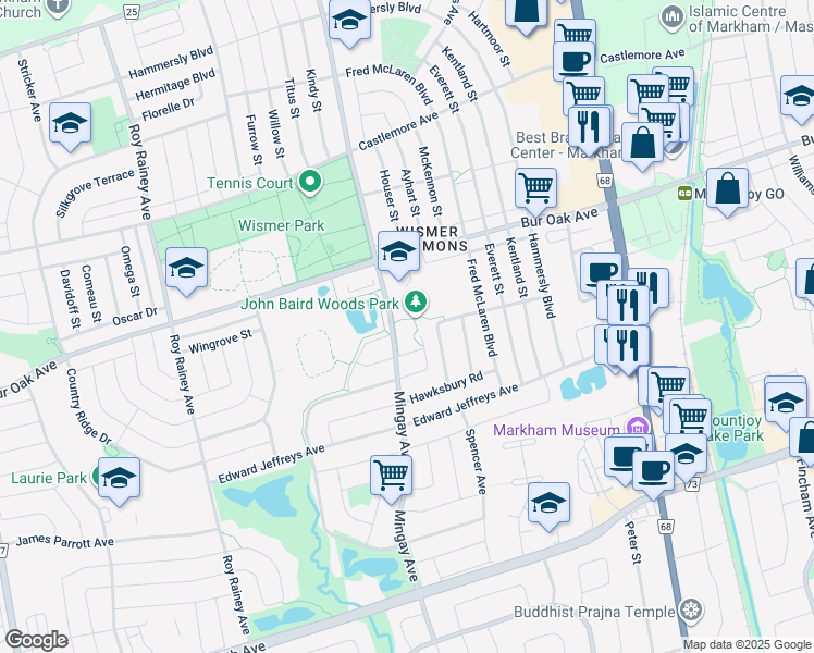 map of restaurants, bars, coffee shops, grocery stores, and more near Bur Oak Avenue in Markham