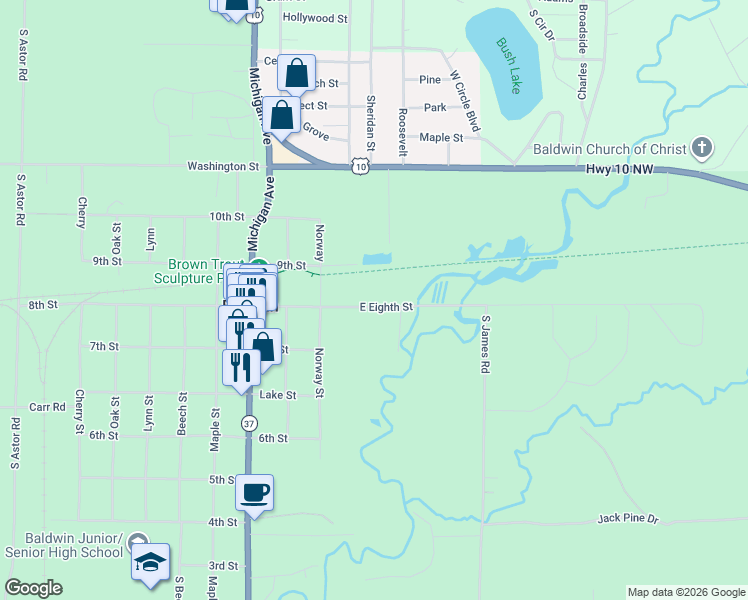 map of restaurants, bars, coffee shops, grocery stores, and more near 1260 East Eighth Street in Baldwin