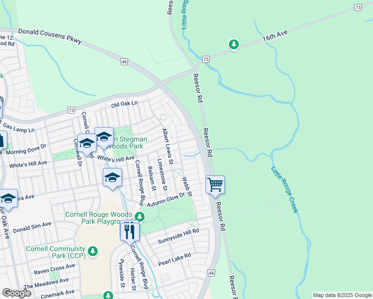 map of restaurants, bars, coffee shops, grocery stores, and more near 16 Rossmore Drive in Markham