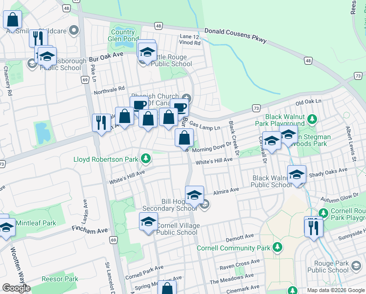 map of restaurants, bars, coffee shops, grocery stores, and more near 2711 Bur Oak Avenue in Markham