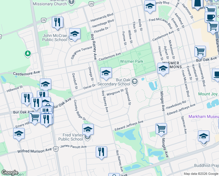 map of restaurants, bars, coffee shops, grocery stores, and more near 847 Bur Oak Avenue in Markham