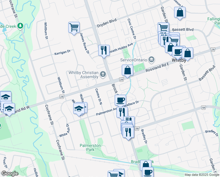 map of restaurants, bars, coffee shops, grocery stores, and more near in Whitby