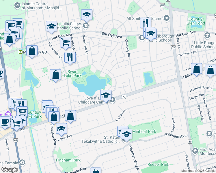 map of restaurants, bars, coffee shops, grocery stores, and more near 14 Lakeside Vista Way in Markham
