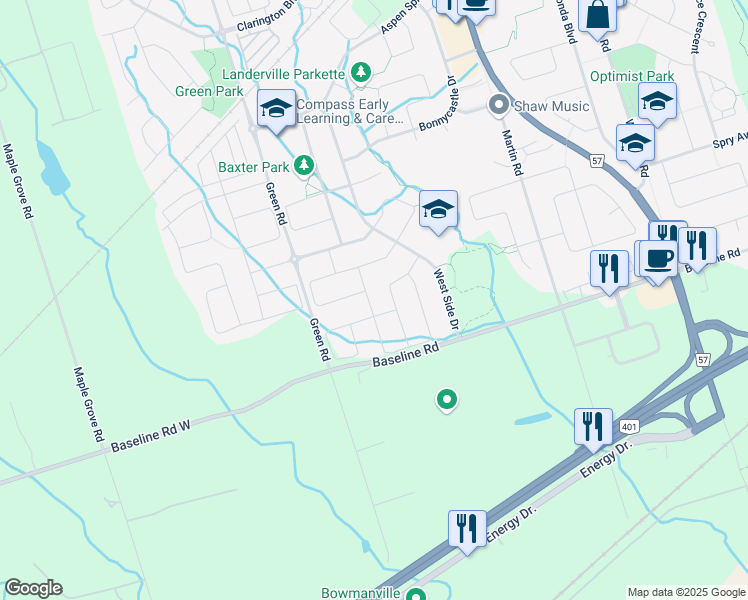map of restaurants, bars, coffee shops, grocery stores, and more near 52 Bannister Street in Bowmanville