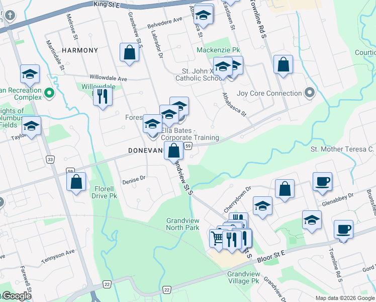 map of restaurants, bars, coffee shops, grocery stores, and more near 376 Ellesmere Court in Oshawa