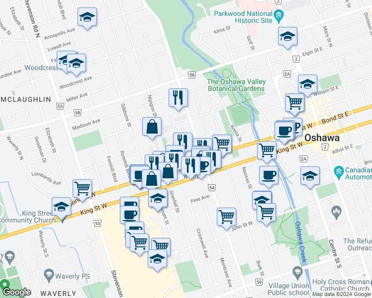map of restaurants, bars, coffee shops, grocery stores, and more near 298 Buena Vista Avenue in Oshawa