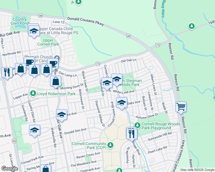 map of restaurants, bars, coffee shops, grocery stores, and more near 590 Cornell Centre Boulevard in Markham