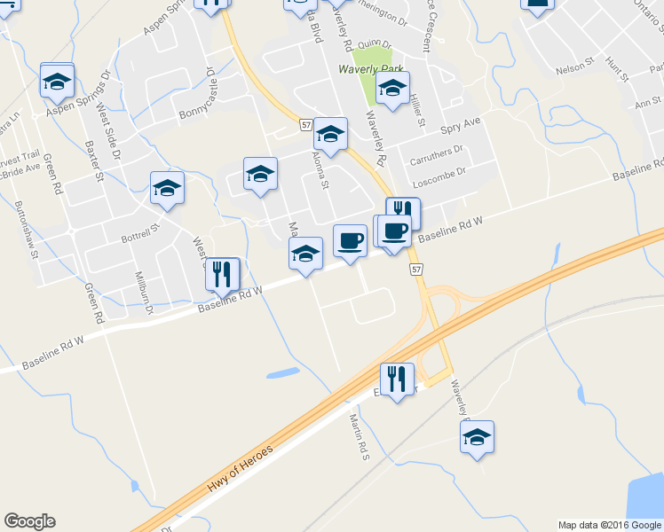map of restaurants, bars, coffee shops, grocery stores, and more near 420 Baseline Road West in Bowmanville