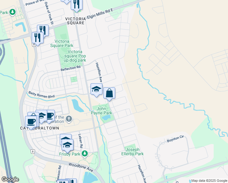 map of restaurants, bars, coffee shops, grocery stores, and more near 16 Atlas Peak Drive in Markham