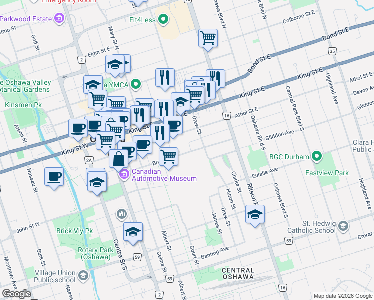 map of restaurants, bars, coffee shops, grocery stores, and more near in Oshawa