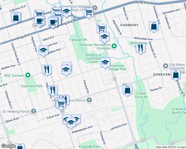 map of restaurants, bars, coffee shops, grocery stores, and more near in Oshawa