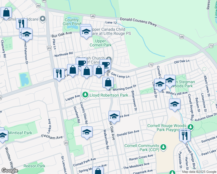 map of restaurants, bars, coffee shops, grocery stores, and more near 2740 Bur Oak Avenue in Markham