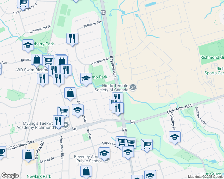 map of restaurants, bars, coffee shops, grocery stores, and more near 49 Leno Mills Avenue in Richmond Hill