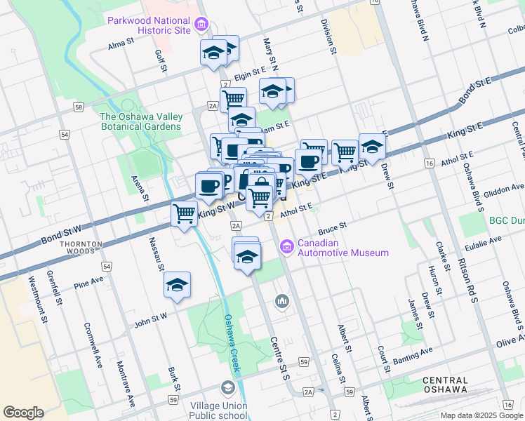 map of restaurants, bars, coffee shops, grocery stores, and more near in Oshawa