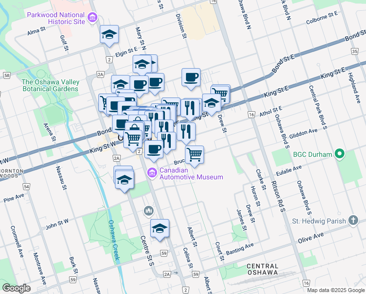 map of restaurants, bars, coffee shops, grocery stores, and more near 99 Athol Street East in Oshawa