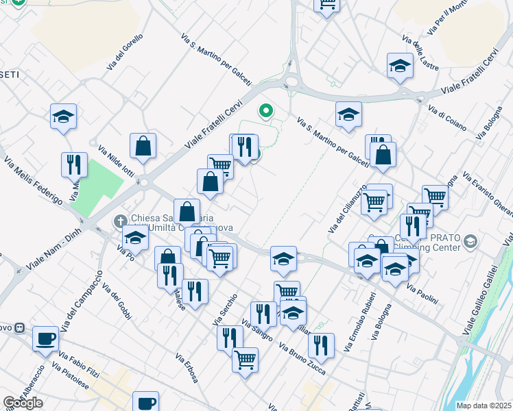 map of restaurants, bars, coffee shops, grocery stores, and more near 11 Via Tanaro in Prato