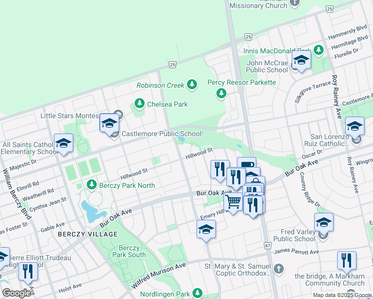 map of restaurants, bars, coffee shops, grocery stores, and more near 10 Cobblehill Court in Markham