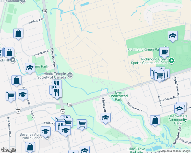 map of restaurants, bars, coffee shops, grocery stores, and more near 9 Walder Lane in Richmond Hill