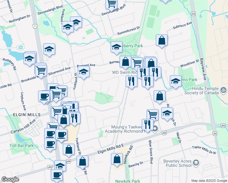 map of restaurants, bars, coffee shops, grocery stores, and more near 48 Coldstream Crescent in Richmond Hill
