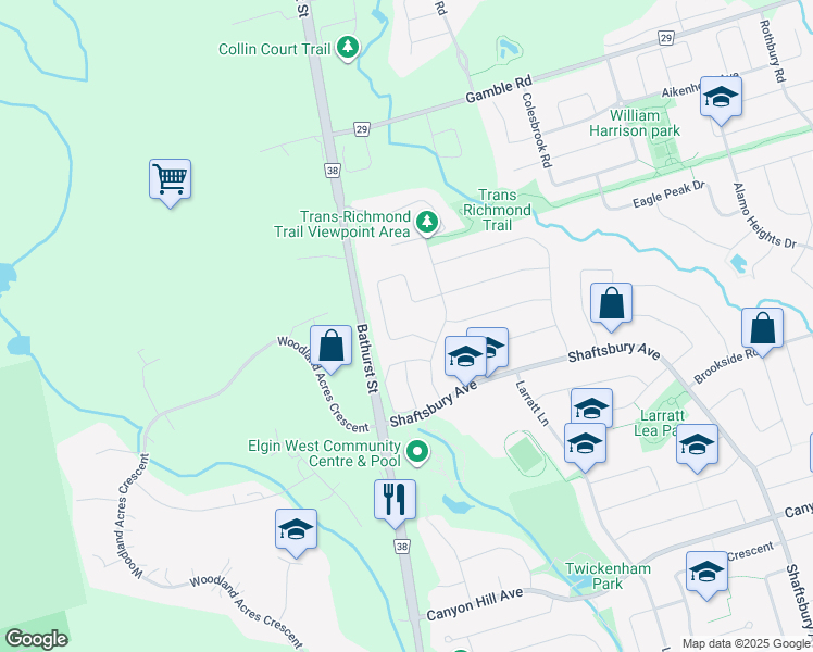 map of restaurants, bars, coffee shops, grocery stores, and more near 18 Mojave Crescent in Richmond Hill