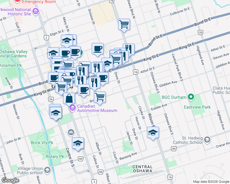map of restaurants, bars, coffee shops, grocery stores, and more near 176 Bruce Street in Oshawa