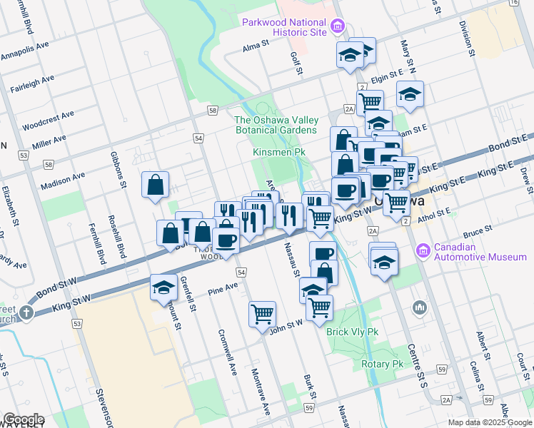 map of restaurants, bars, coffee shops, grocery stores, and more near 200 Bond Street West in Oshawa