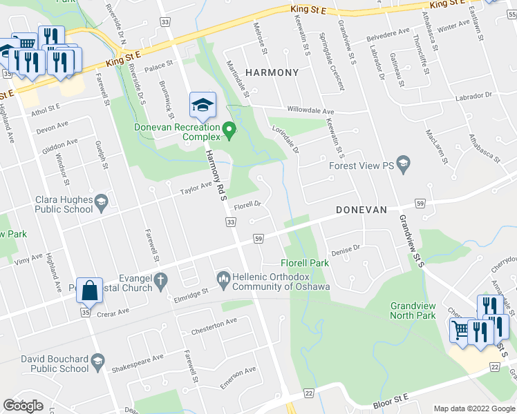 map of restaurants, bars, coffee shops, grocery stores, and more near 861 Florell Drive in Oshawa