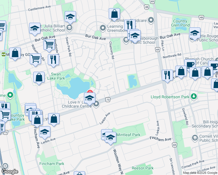 map of restaurants, bars, coffee shops, grocery stores, and more near in Markham