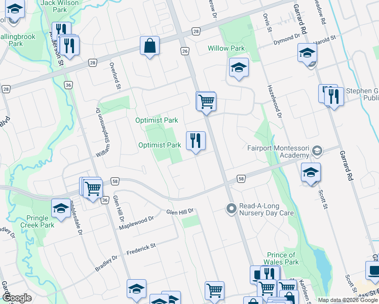map of restaurants, bars, coffee shops, grocery stores, and more near 166 Elizabeth Crescent North in Whitby