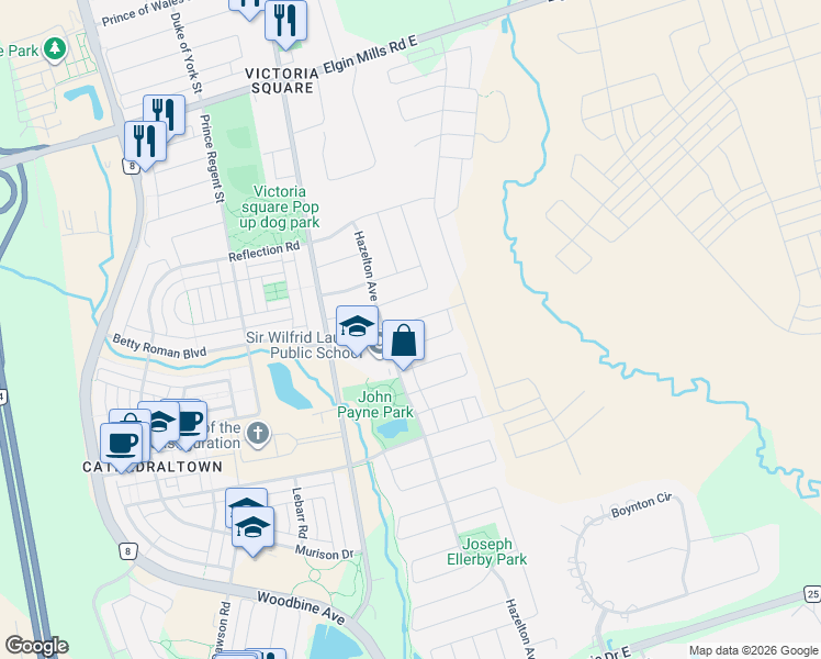 map of restaurants, bars, coffee shops, grocery stores, and more near 71 Stony Hill Boulevard in Markham