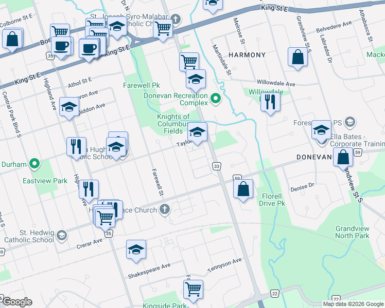 map of restaurants, bars, coffee shops, grocery stores, and more near 777 Chinook Path in Oshawa