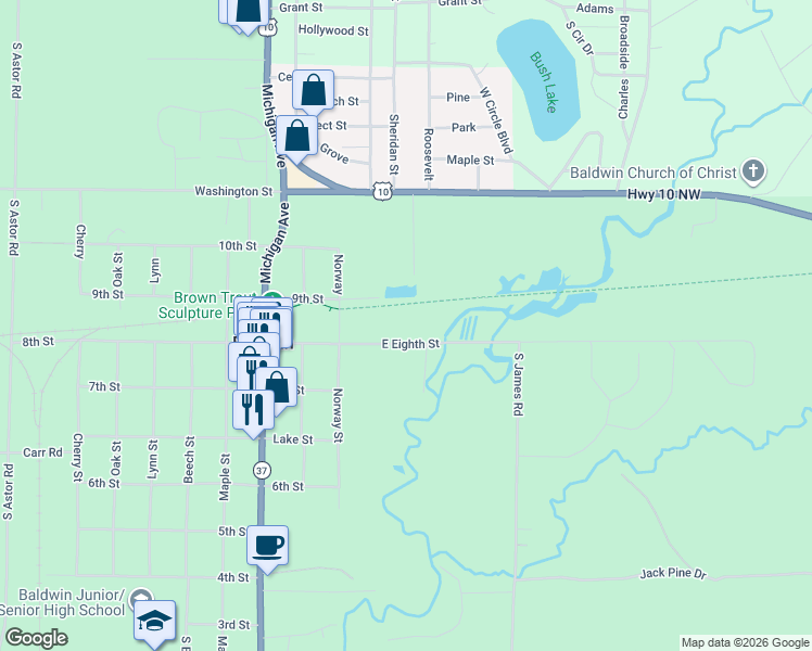 map of restaurants, bars, coffee shops, grocery stores, and more near 1260 East Eighth Street in Baldwin