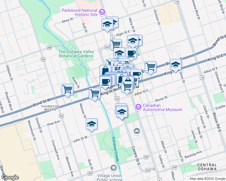map of restaurants, bars, coffee shops, grocery stores, and more near in Oshawa