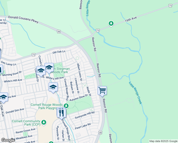 map of restaurants, bars, coffee shops, grocery stores, and more near 16 Rossmore Drive in Markham