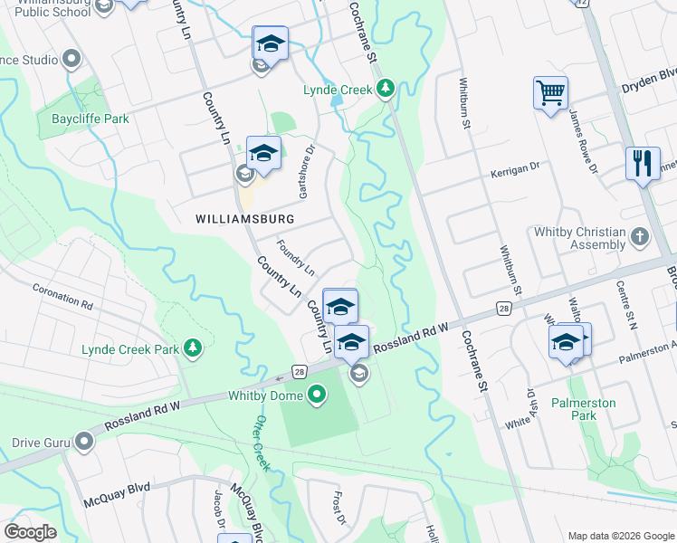 map of restaurants, bars, coffee shops, grocery stores, and more near 27 Wetherburn Drive in Whitby