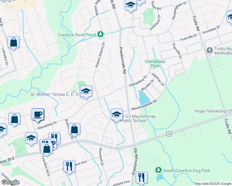 map of restaurants, bars, coffee shops, grocery stores, and more near 121 Glenabbey Drive in Courtice