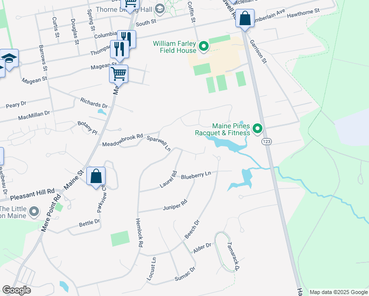 map of restaurants, bars, coffee shops, grocery stores, and more near 25 Sparwell Lane in Brunswick