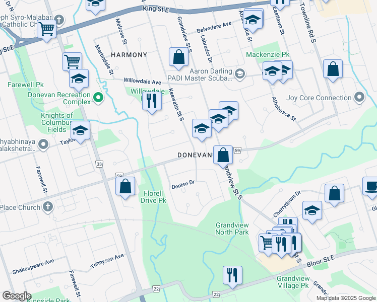 map of restaurants, bars, coffee shops, grocery stores, and more near 1016 Olive Avenue in Oshawa